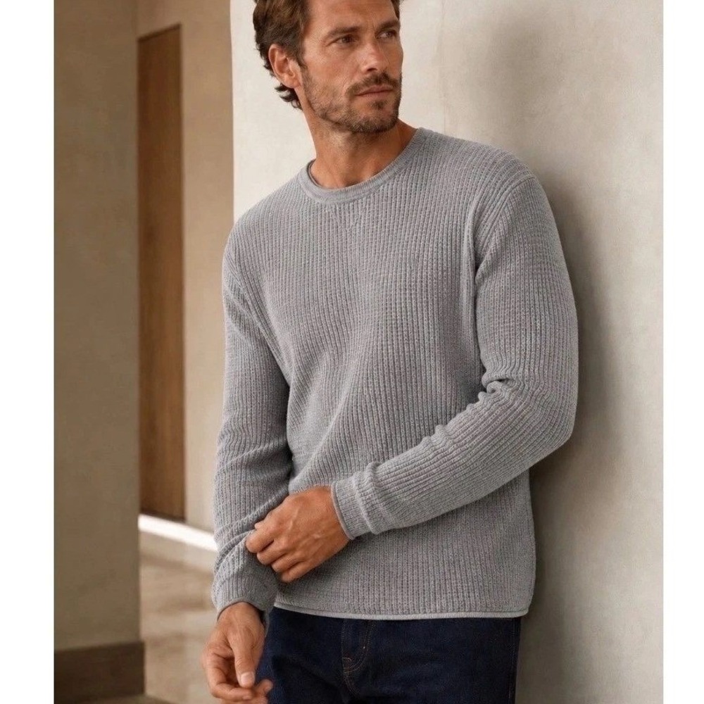 Billy Reid Sweater Mens XL Grey Cotton Cashmere Waffle Knit Crewneck Italy Made